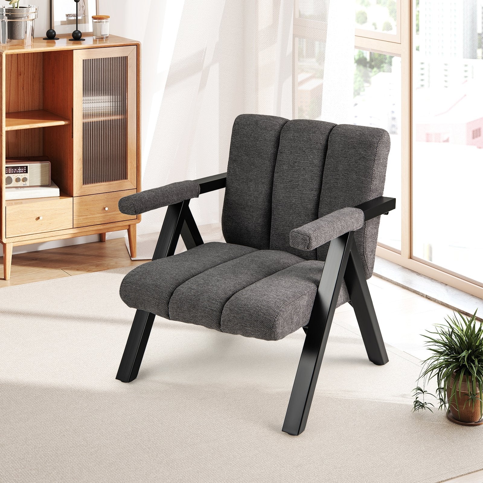 Oversized Accent Chair with Metal Frame and Armrests-Beige