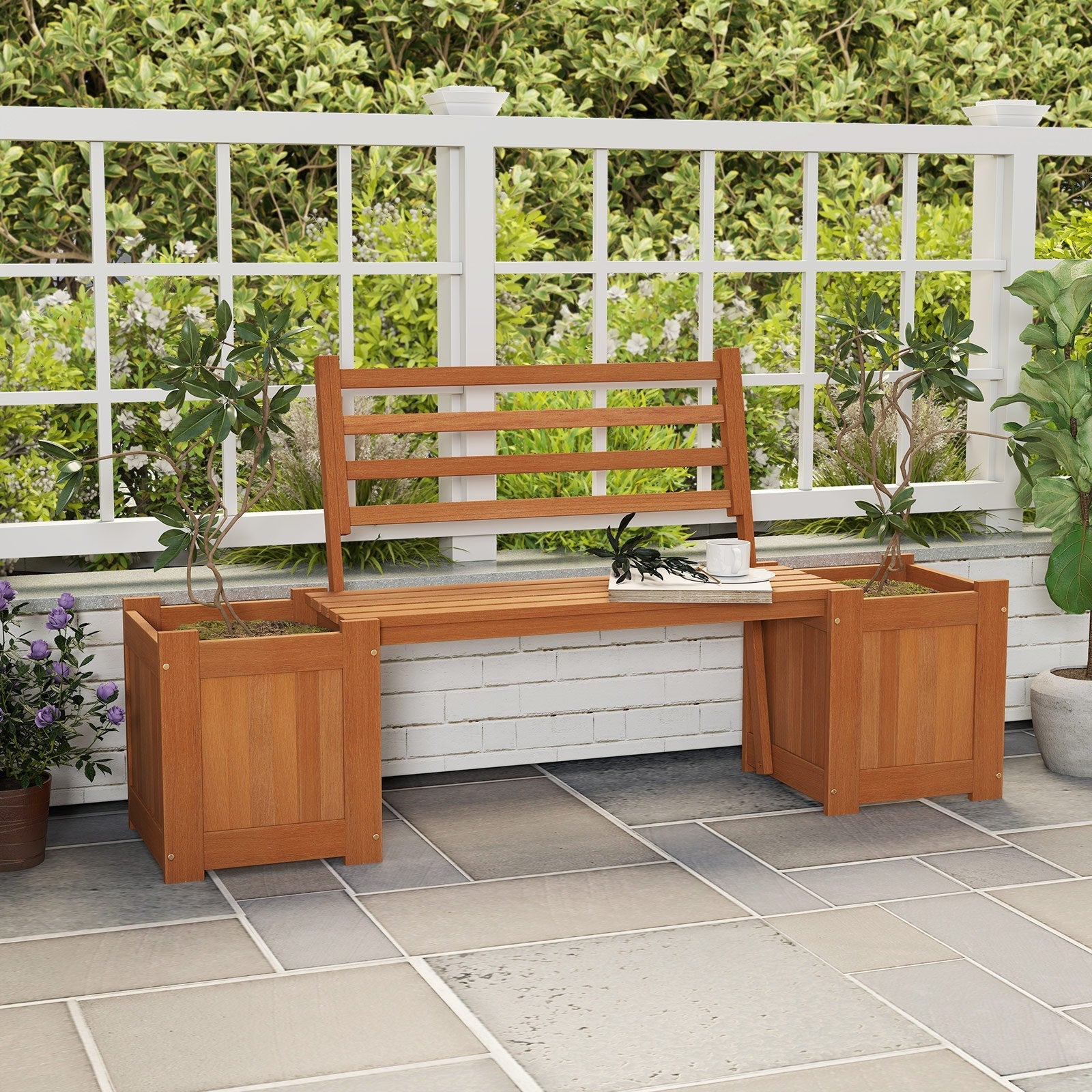 Wood Planter Box with Bench and Backrest for Garden Yard Balcony-36 inches