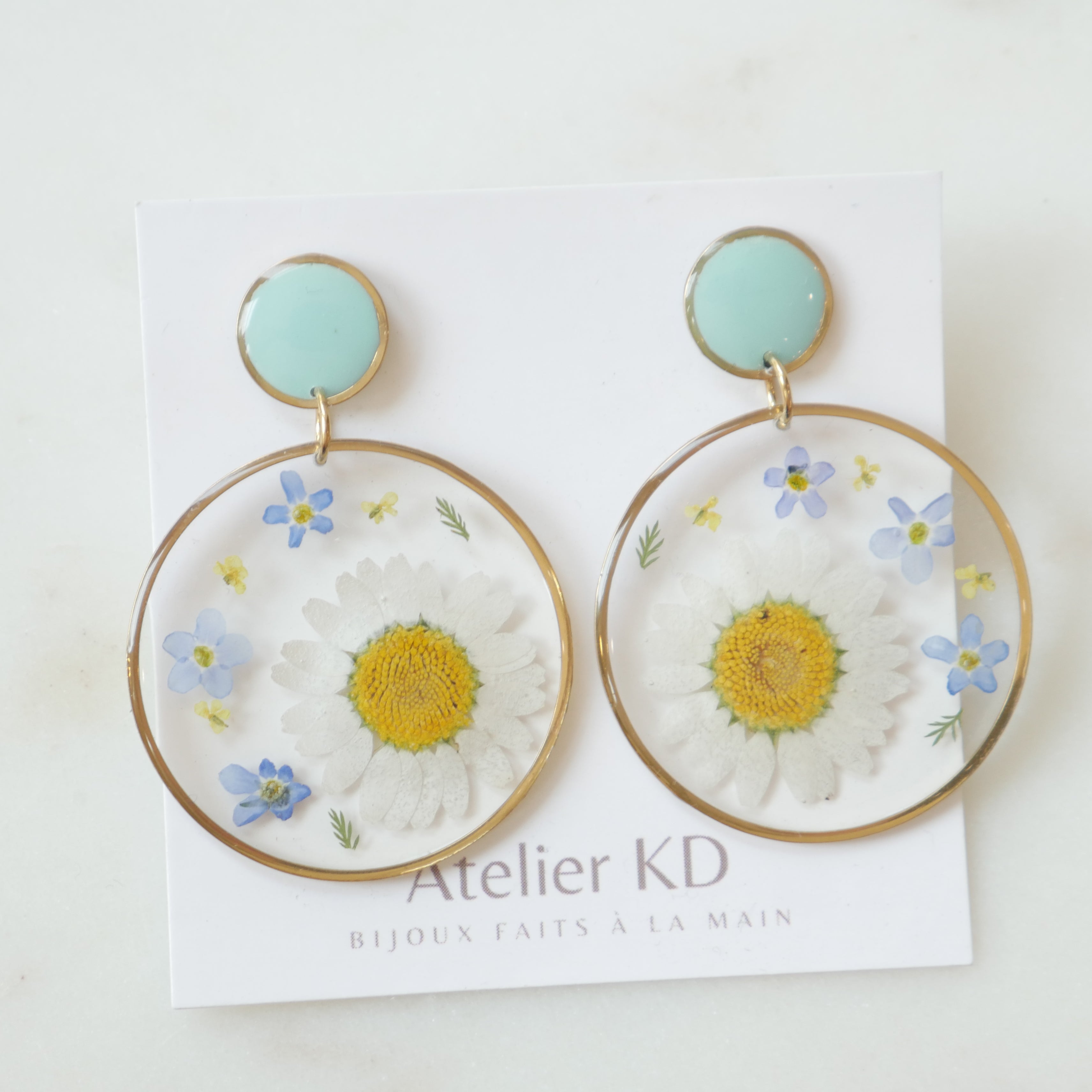 Boucles d'oreilles duo marguerite et trio myosotis - rond (XXL)