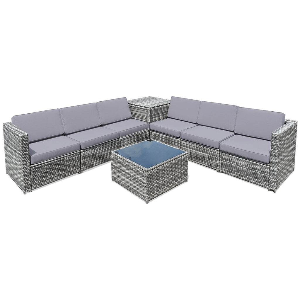 8 Piece Wicker Sofa Rattan Dinning Set Patio Furniture with Storage Table-Black