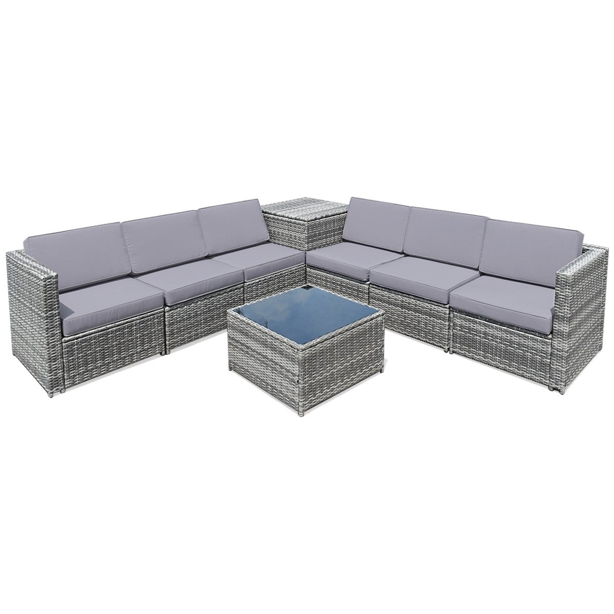8 Piece Wicker Sofa Rattan Dinning Set Patio Furniture with Storage Table-Black