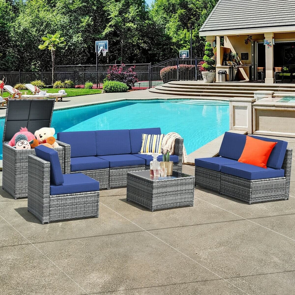 8 Piece Wicker Sofa Rattan Dinning Set Patio Furniture with Storage Table-Black