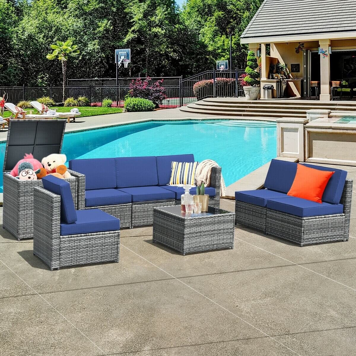 8 Piece Wicker Sofa Rattan Dinning Set Patio Furniture with Storage Table-Black