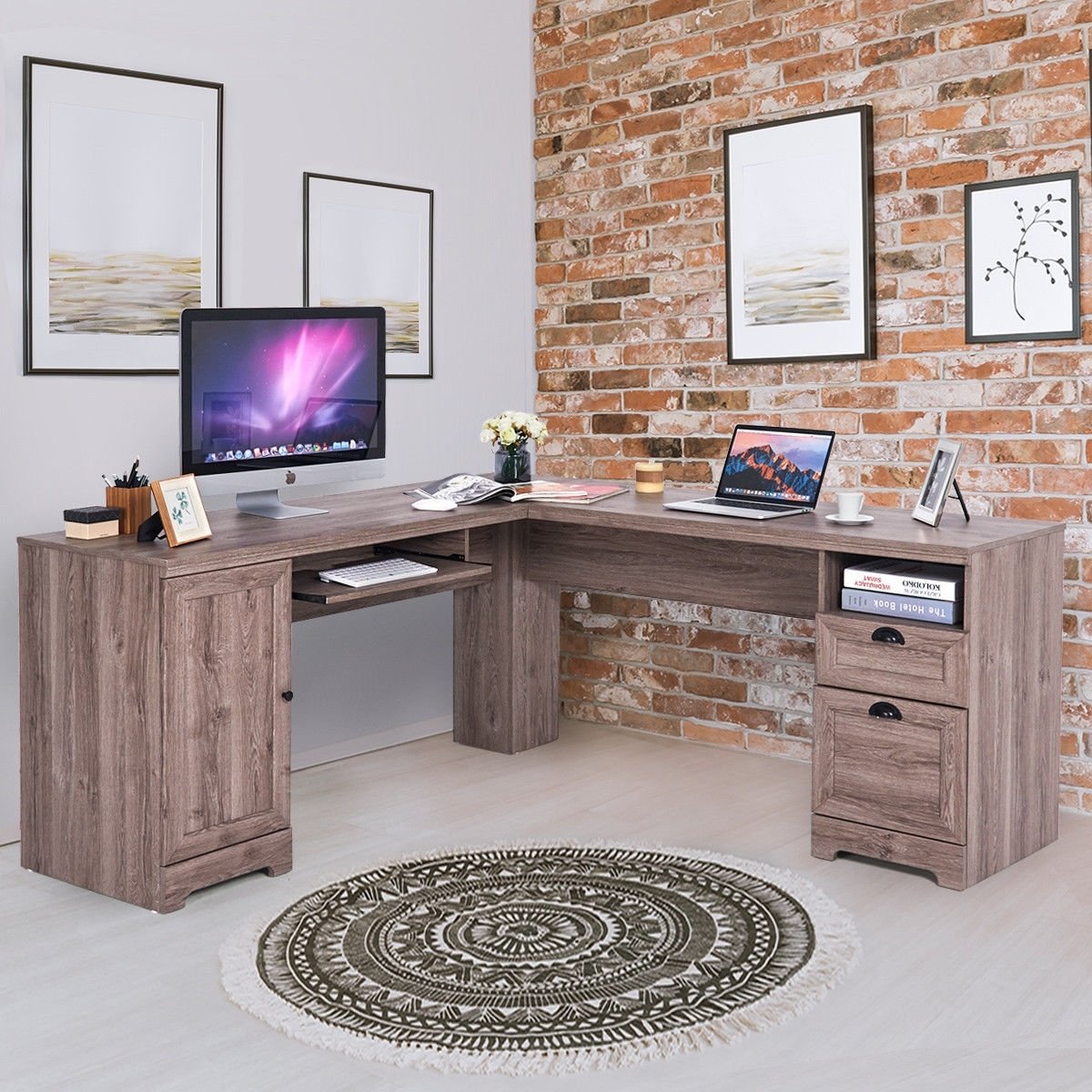 66 Inch L-Shaped Writing Study Workstation Computer Desk with Drawers-Black