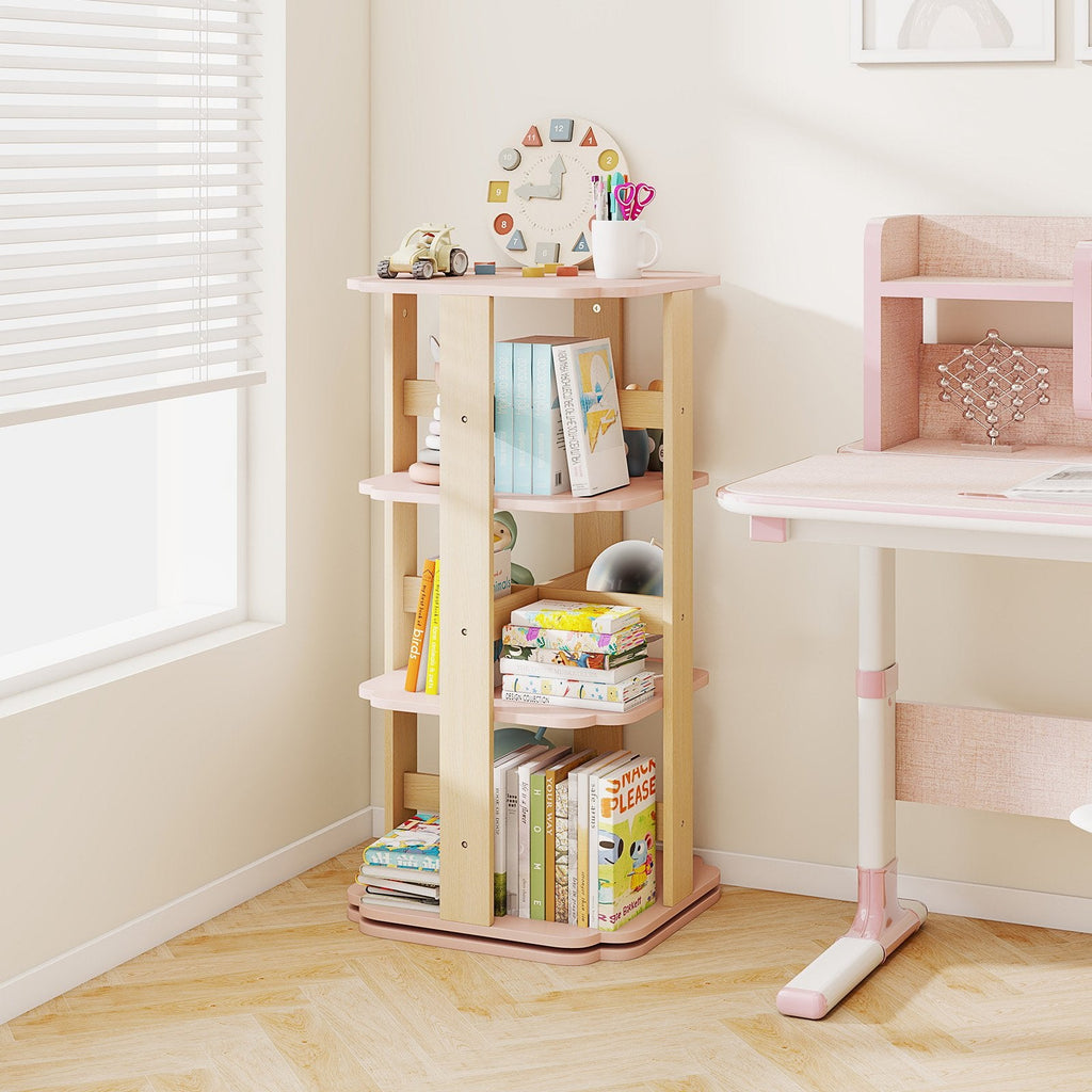 3-Tier Freestanding Corner Toddler Book Rack with 12 Sectors-Pink