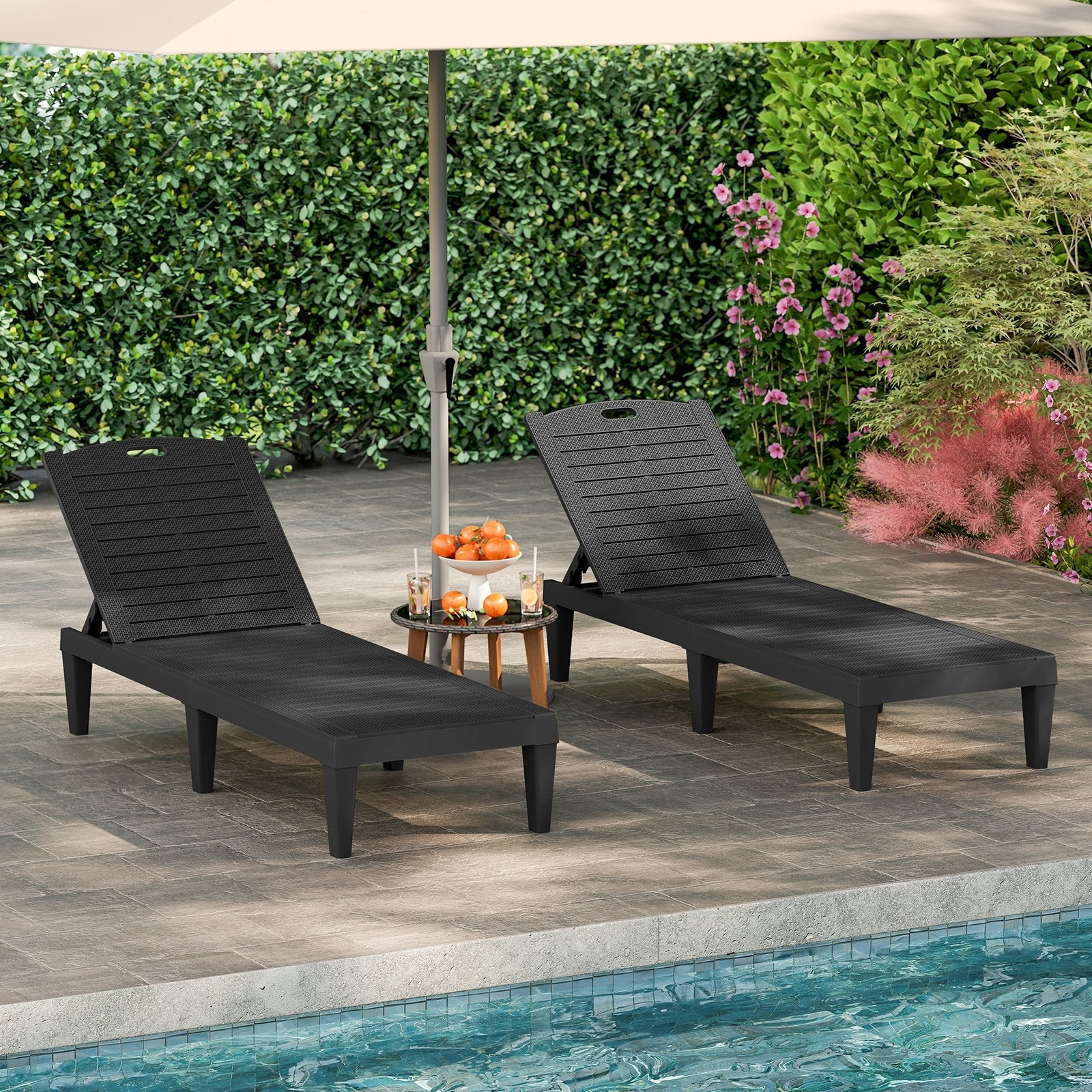 Outdoor PP Chaise Lounge Chairs Set of 2 with 4-Position Adjustable Backrests-Black