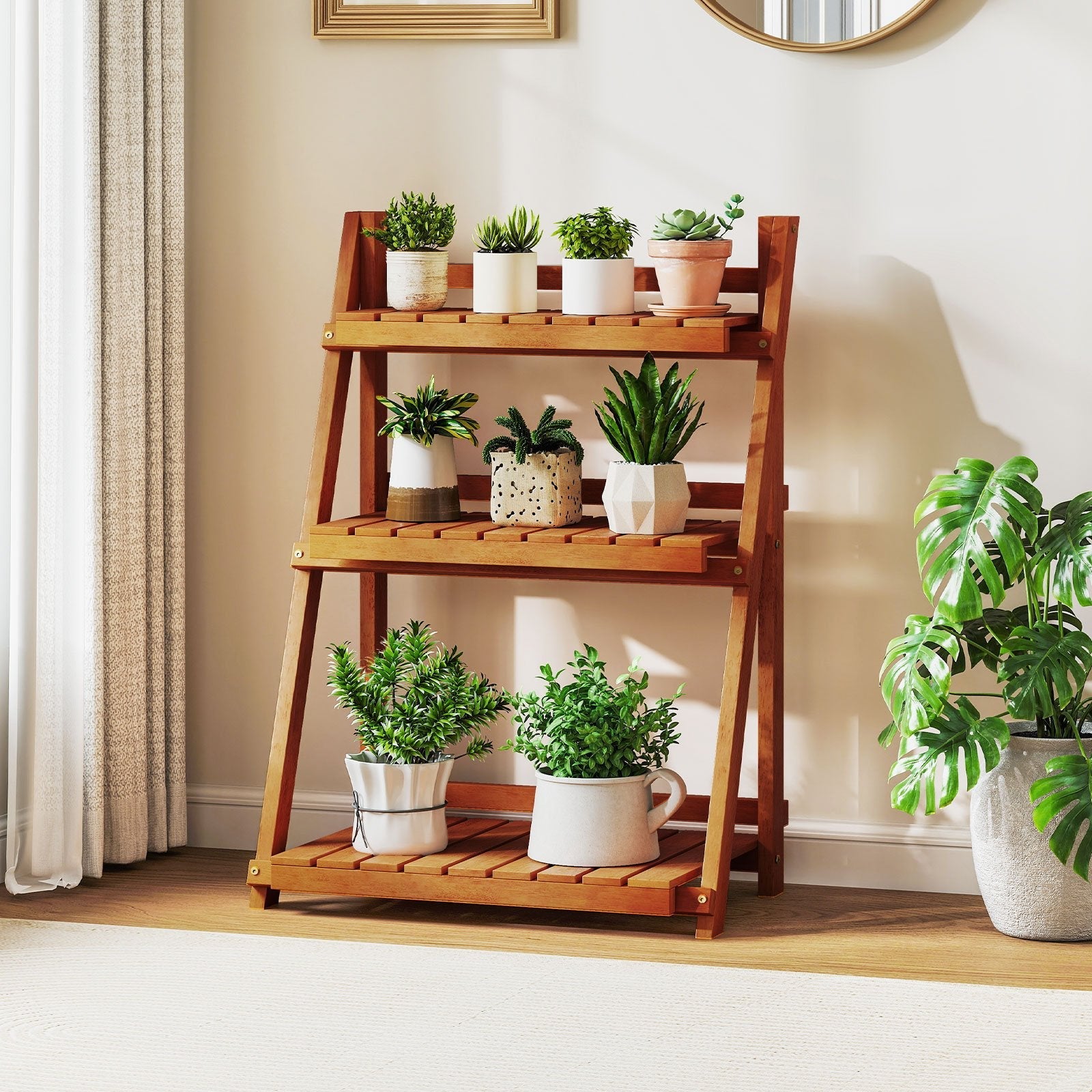 Foldable 3-Tier Solid Wood Plant Stand for Patio Balcony