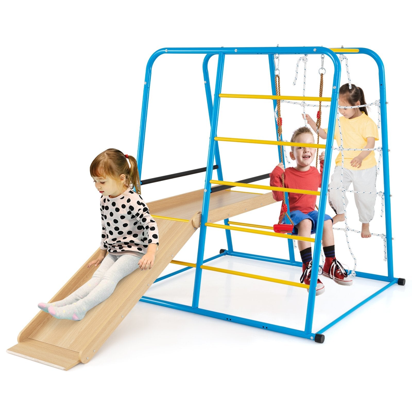 6-in-1 Indoor Jungle Gym with Slide for Boys and Girls 3+ Years Old-Blue