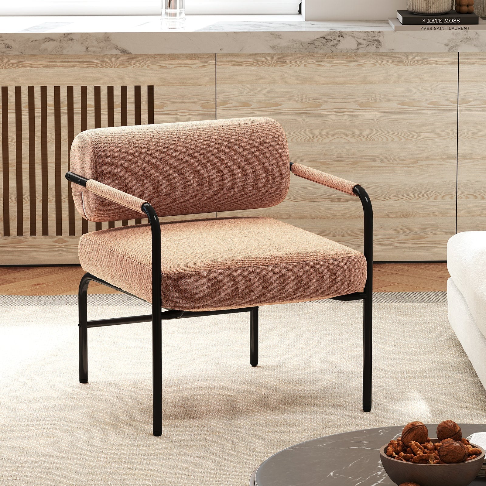 Velvet Upholstered Accent Chair with Cylindrical Backrest and Metal Armrests-Brown