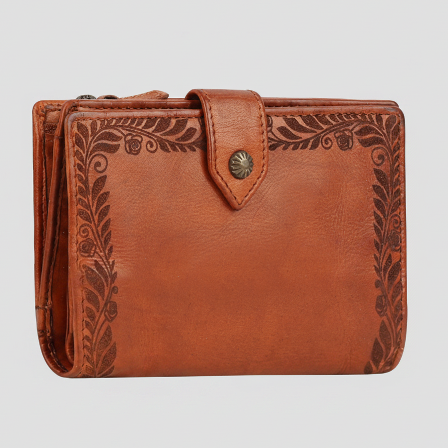 MET Women’s Leather Wallet. Bifold Organizer with Laser-Engraved Floral Details
