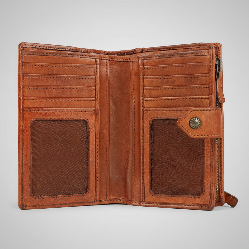 MET Women’s Leather Wallet. Bifold Organizer with Laser-Engraved Floral Details