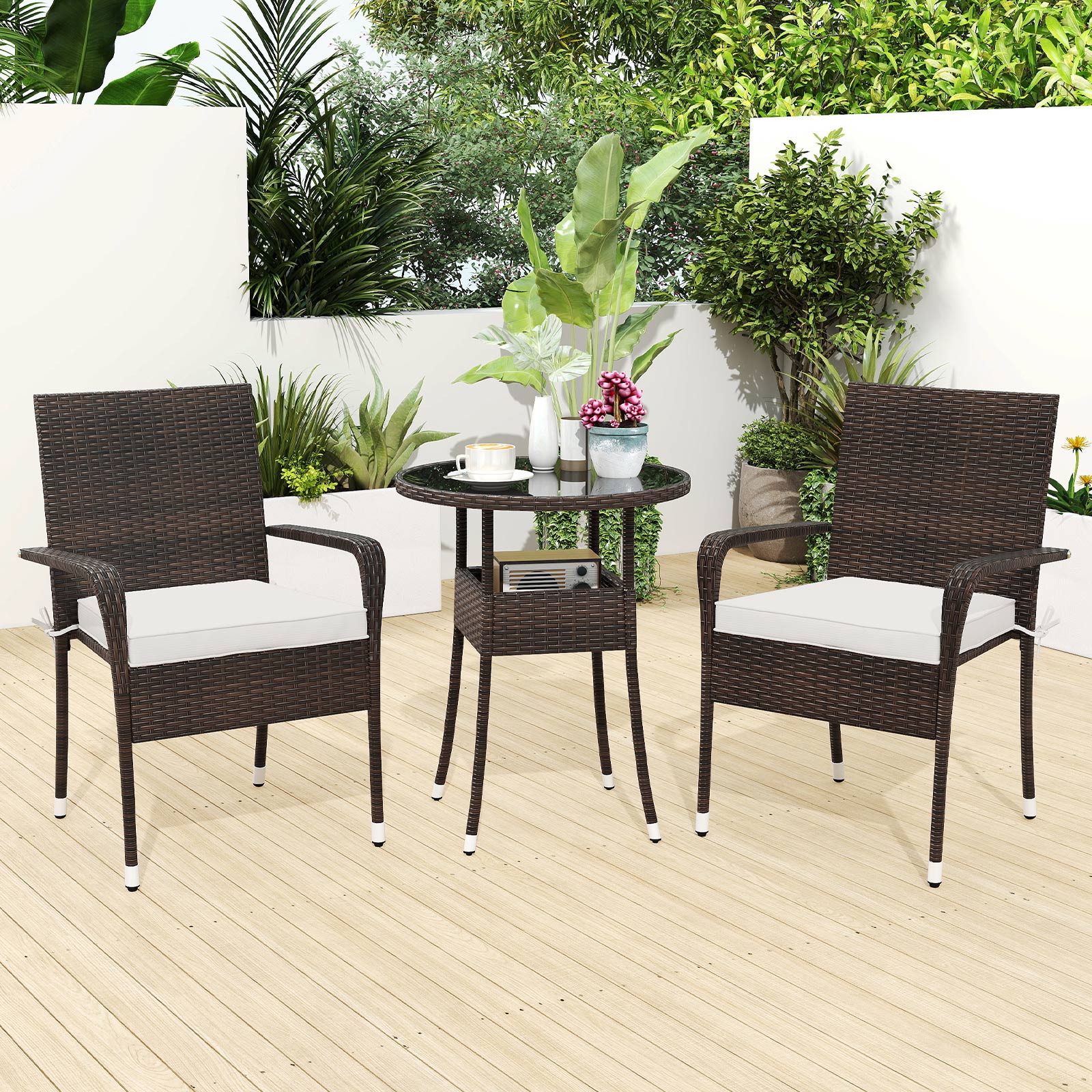 3-Piece Patio Furniture Set PE Rattan Wicker Chairs with Tempered Glass Top Table-White