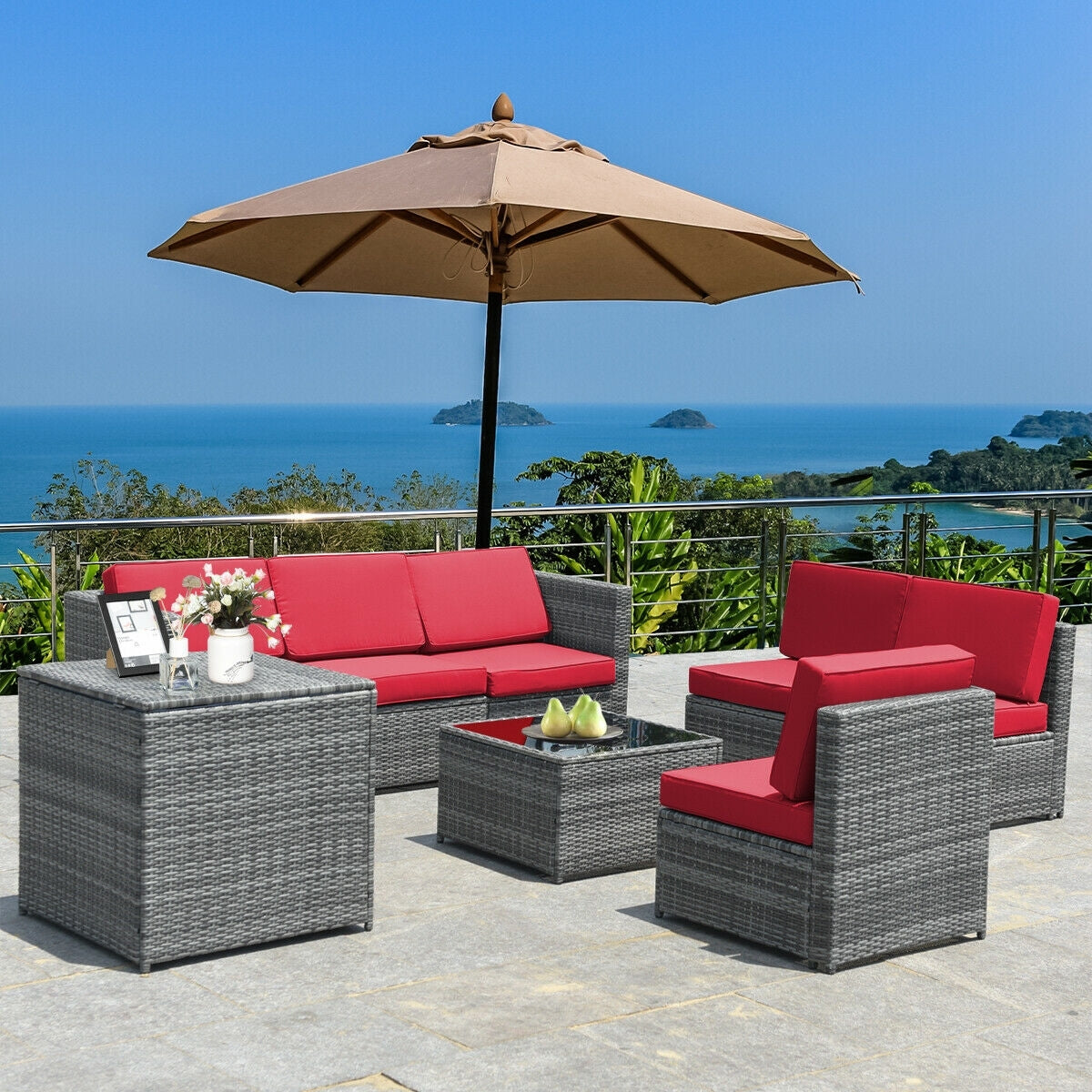 8 Piece Wicker Sofa Rattan Dinning Set Patio Furniture with Storage Table-Black