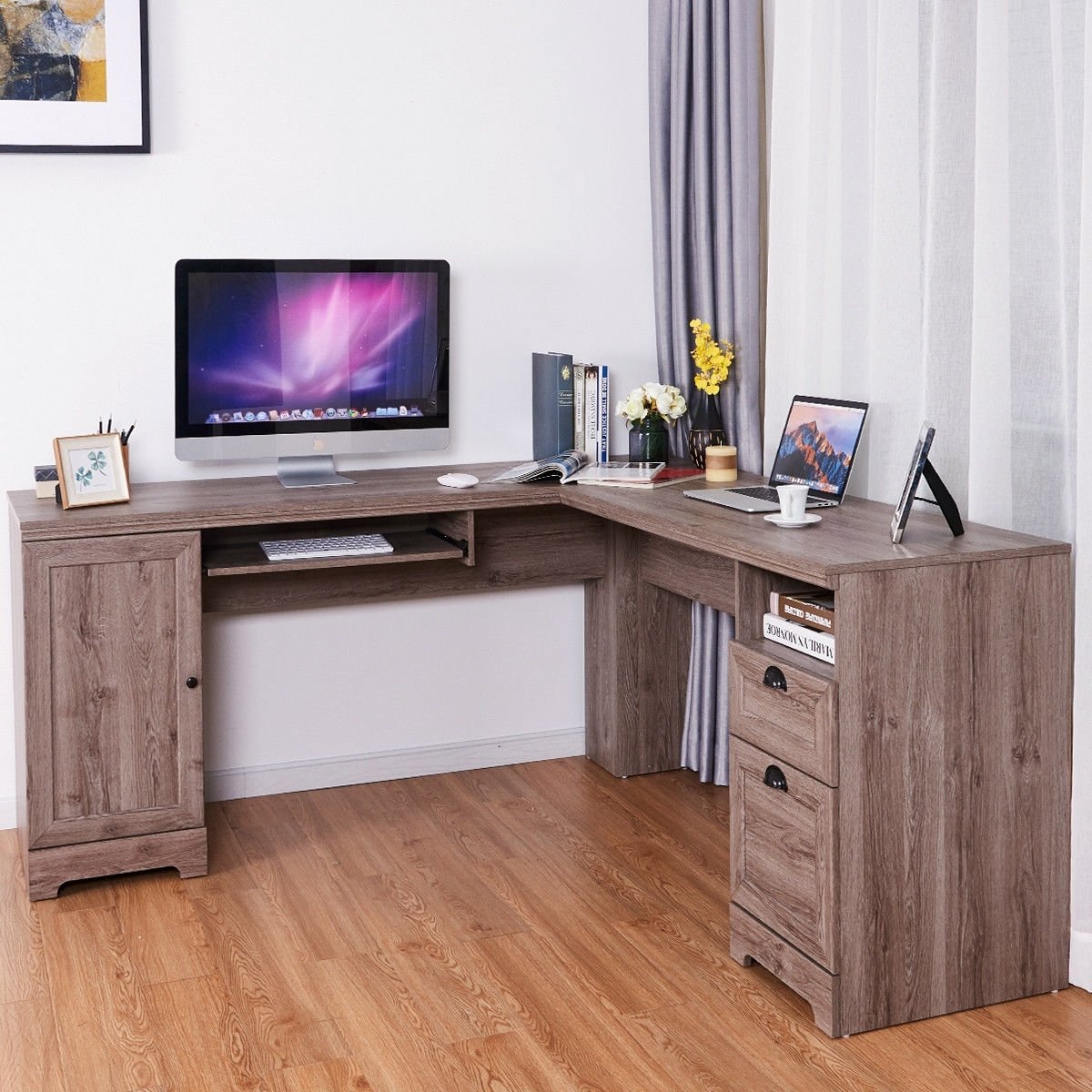 66 Inch L-Shaped Writing Study Workstation Computer Desk with Drawers-Black
