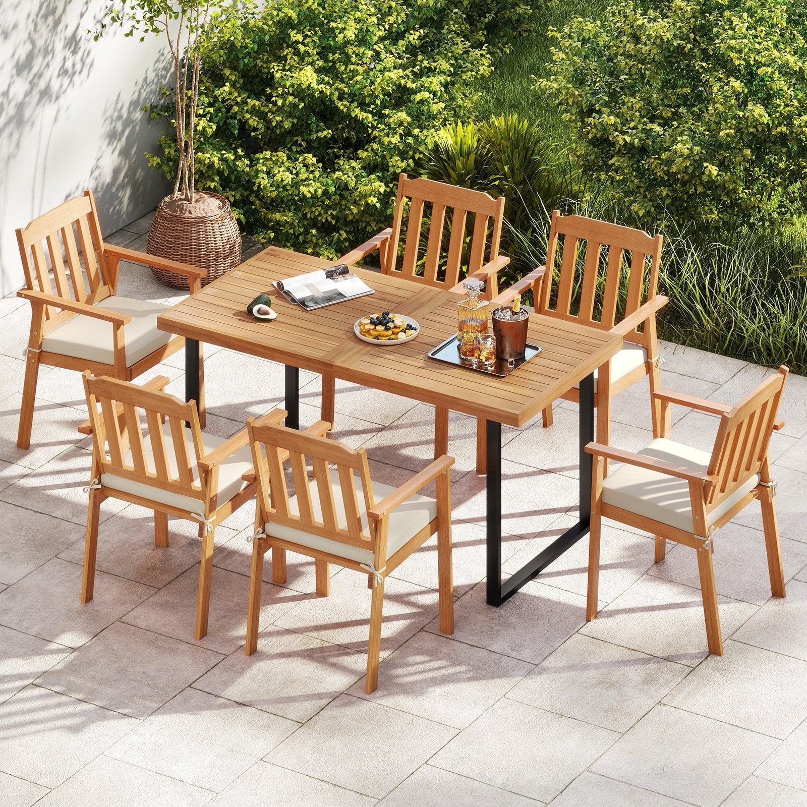 2 Pieces Patio Dining Chairs Outdoor Acacia Wood Chairs-White
