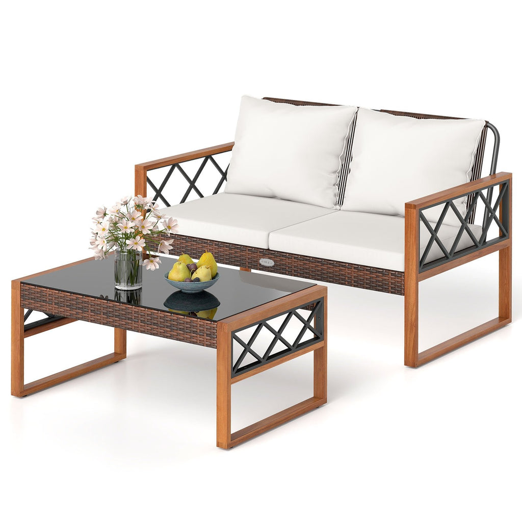 2 Pieces Patio PE Wicker Furniture Set Outside Conversation Set for Porch-White