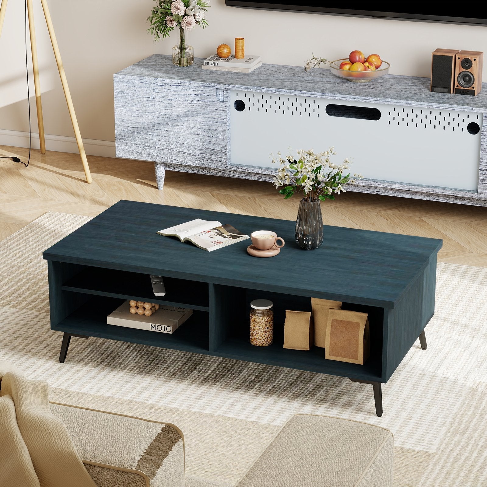 2-Tier Mid Century Modern Coffee Table with Storage Shelves Compartments-Blue
