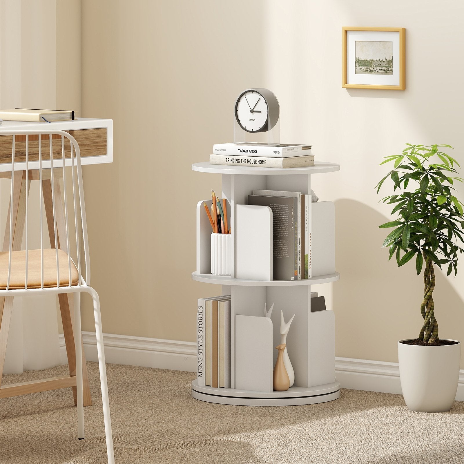 2-Tier Rotating Bookshelf with Dividers and Anti-falling Baffles-Natural