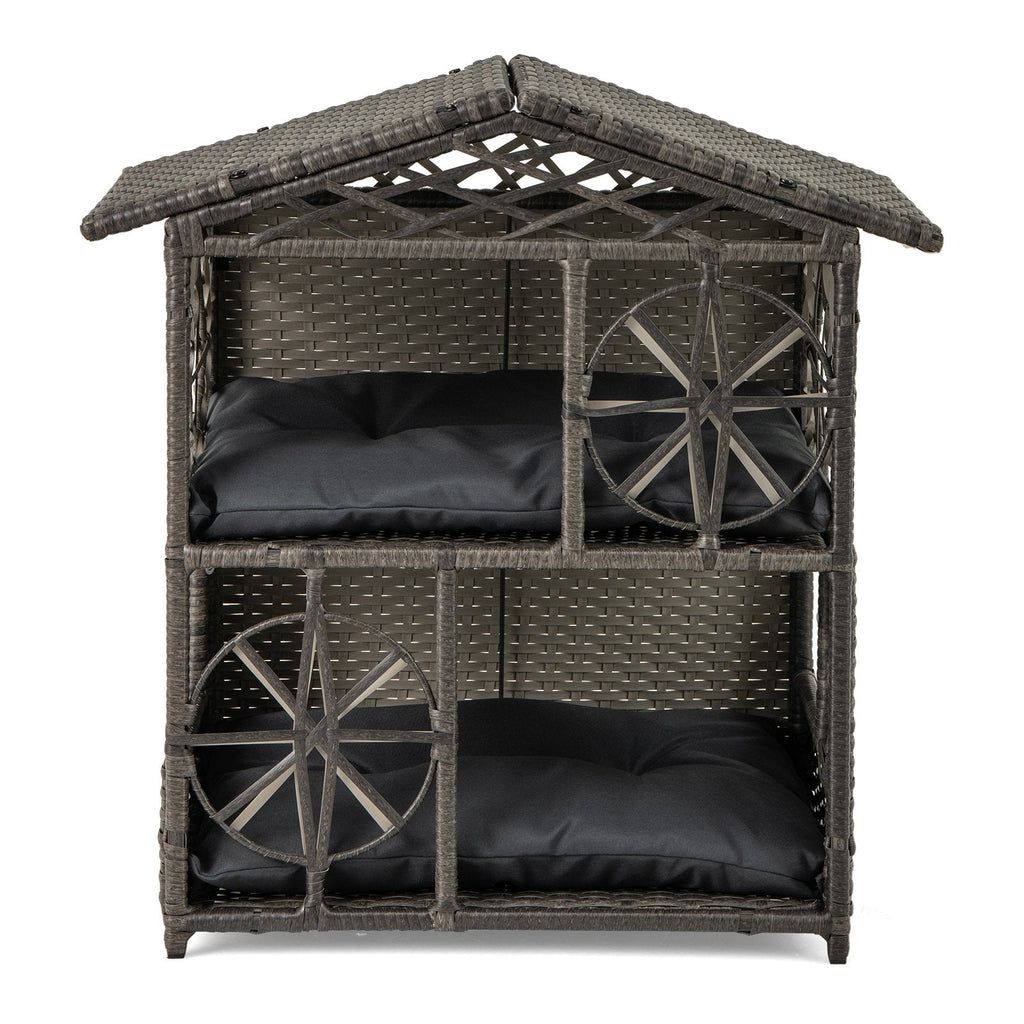 2-storey Wicker Cat House Rattan Kitten Condo Enclosure with Removable Cushions-Gray