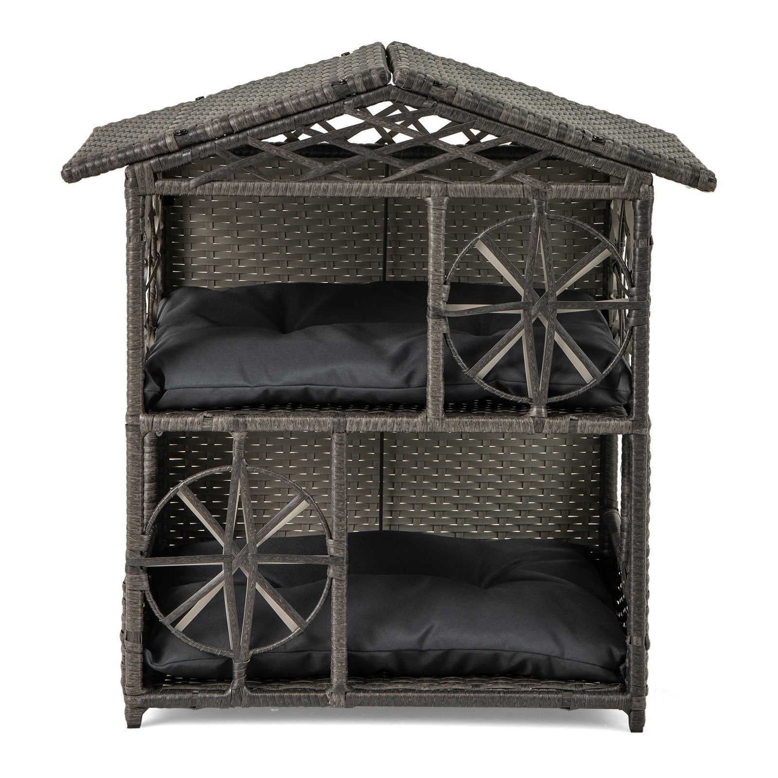 2-storey Wicker Cat House Rattan Kitten Condo Enclosure with Removable Cushions-Gray