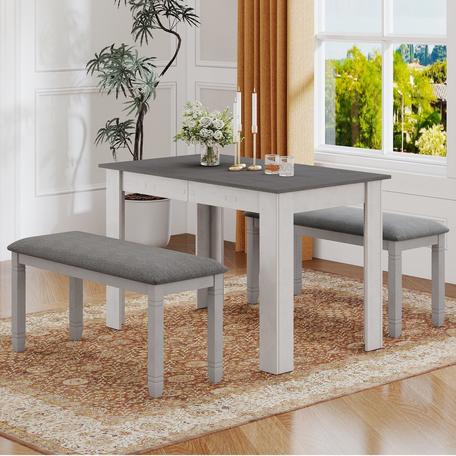 Upholstered Bedroom Bench with Padded Seat and Solid Wood Legs-Gray