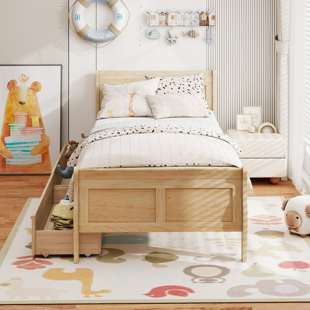 Twin Size Sleigh Bed with 2 Storage Drawers Wood Platform Bed Frame-Natural