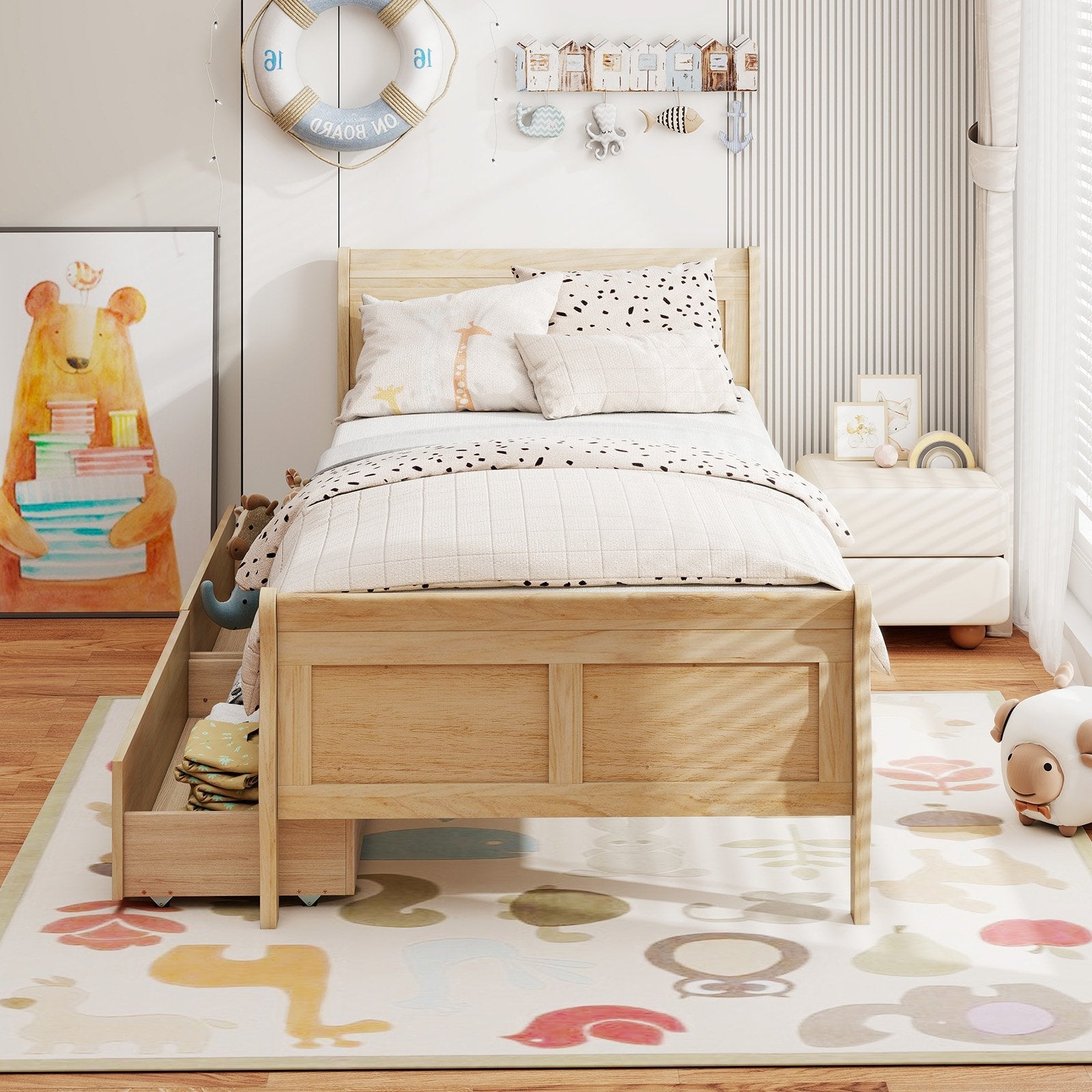 Twin Size Sleigh Bed with 2 Storage Drawers Wood Platform Bed Frame-Natural