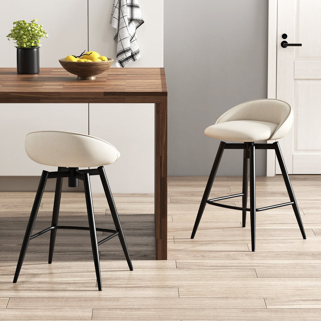 Upholstered Bar Stools Set of 2 with Footrest and Backrest-Beige