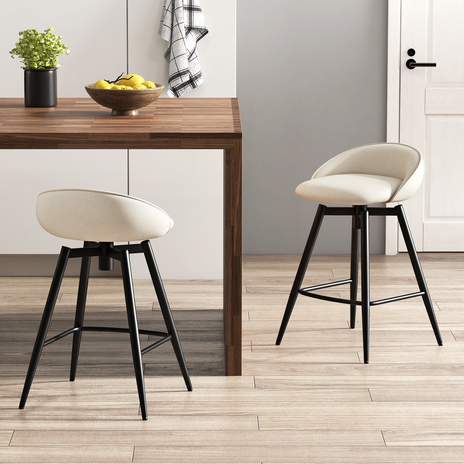 Upholstered Bar Stools Set of 2 with Footrest and Backrest-Beige