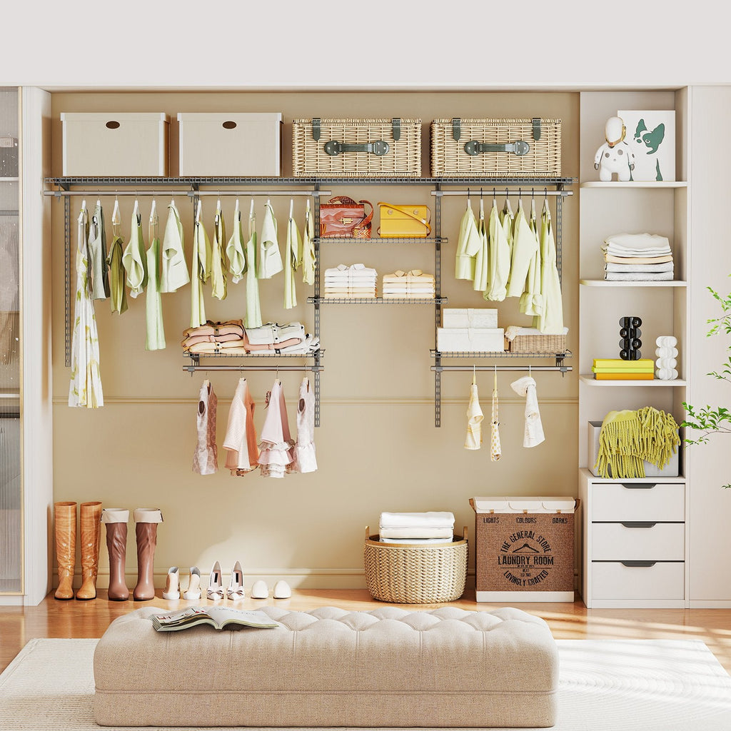 4-8 Feet Closet Organizers and Storage System with Hanging Rod for Laundry Bedroom-Grey