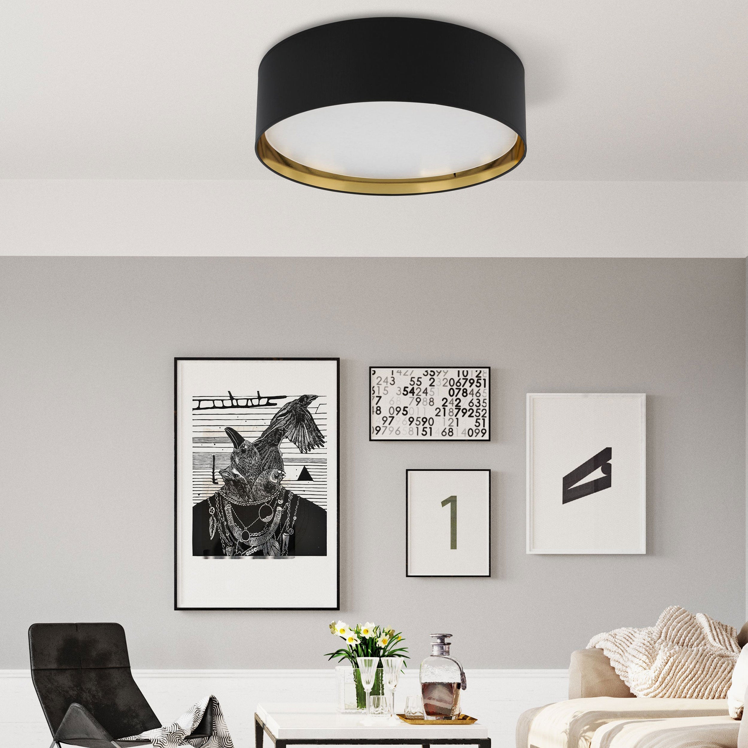 BILBAO Gold Fabric Flush Mount Ceiling Light for Bedroom, Hallway & Living Room