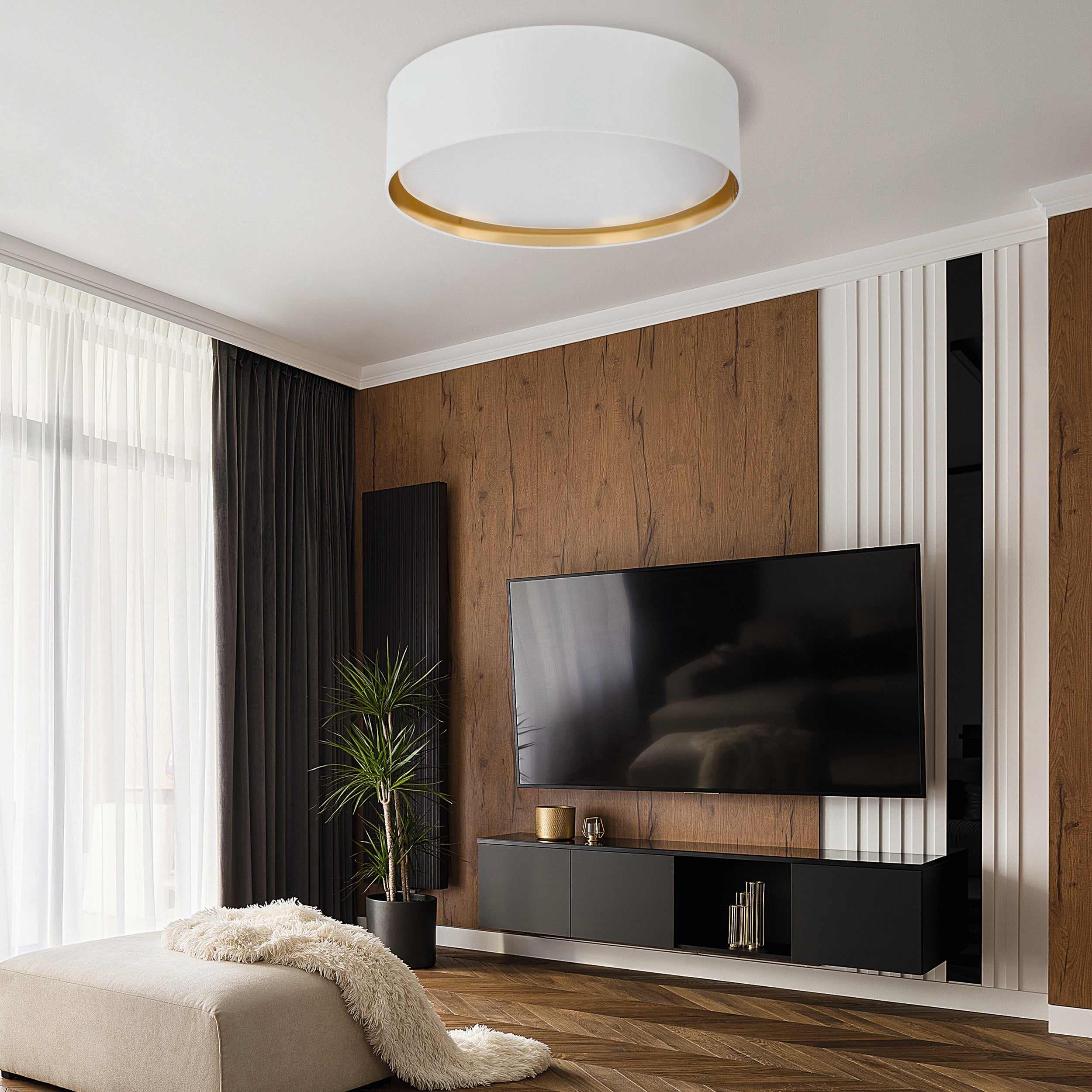 BILBAO Gold Fabric Flush Mount Ceiling Light for Bedroom, Hallway & Living Room