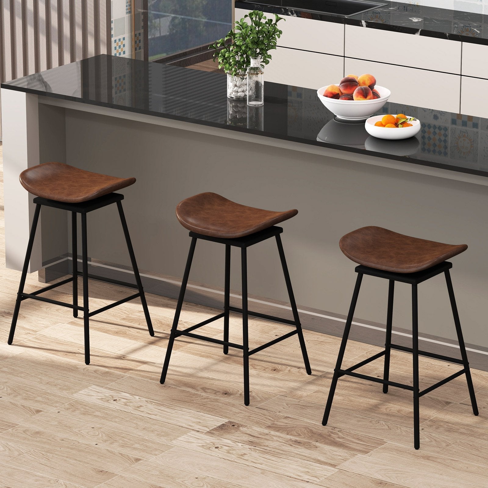 Set of 2 Swivel Barstools Faux Leather Upholstered Backless with Footrest-Black