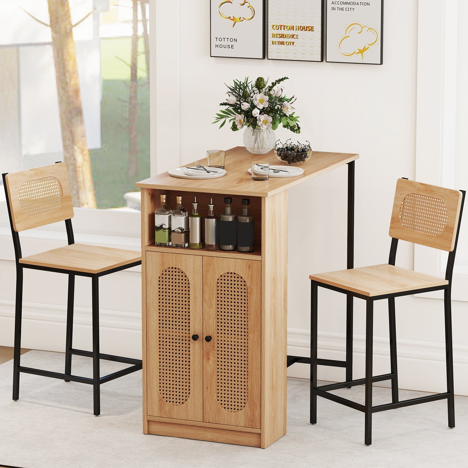 3-Piece Bar Table and Chairs Set with Storage Shelves and Footrests-Natural
