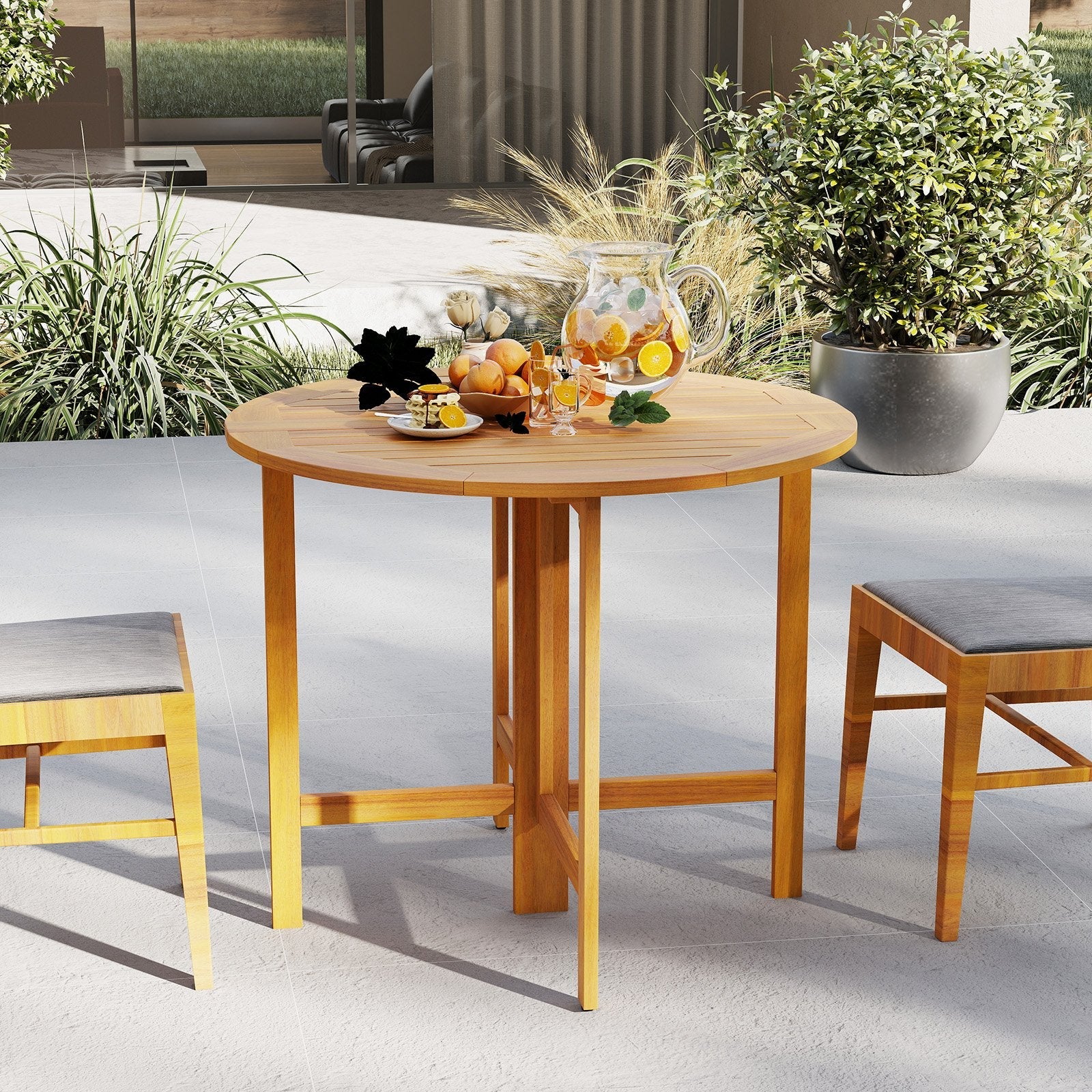 36 Inches Outdoor Folding Round Dining Table with Slatted Tabletop