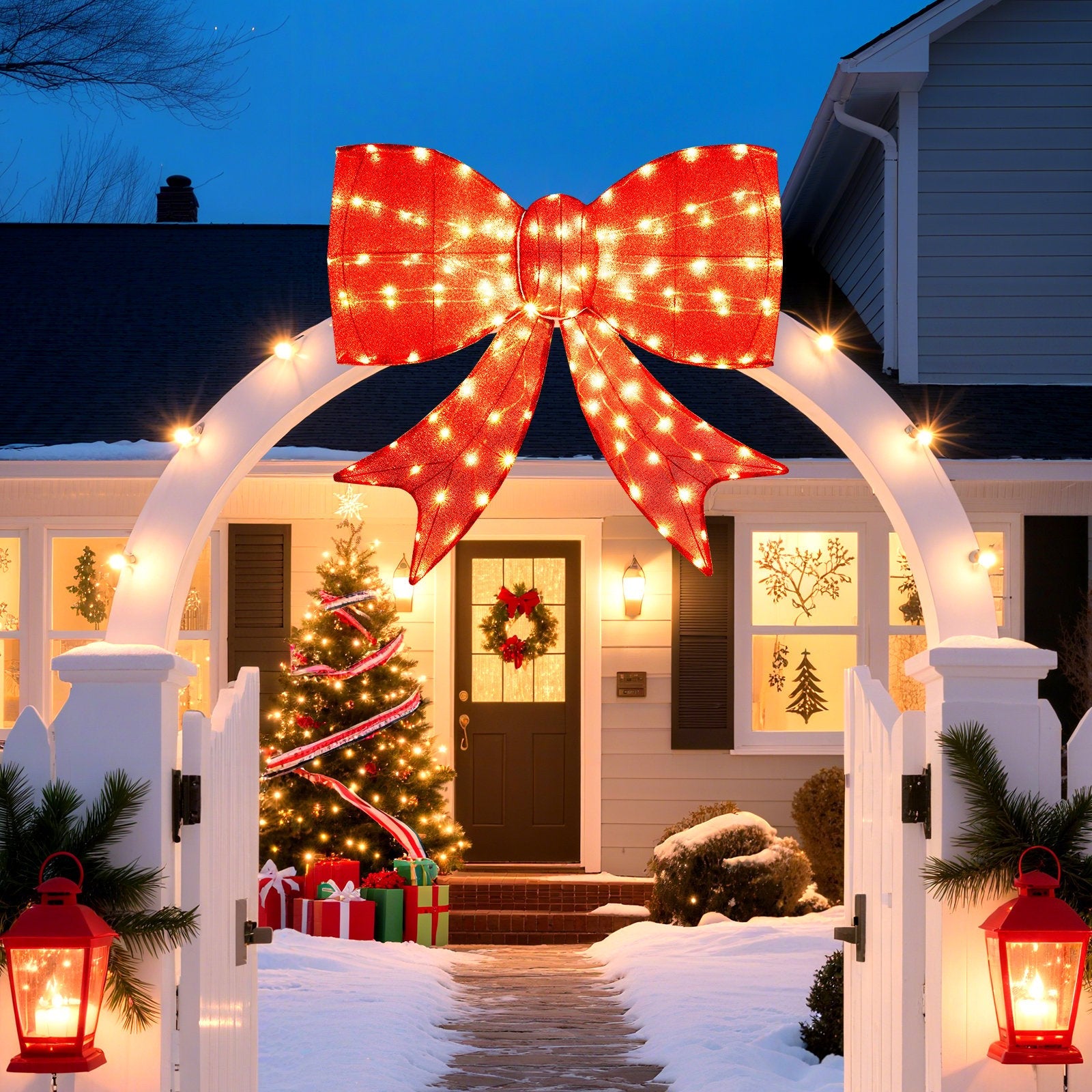 37 Inch Lighted Christmas Bow Decoration with Warm White LED Lights