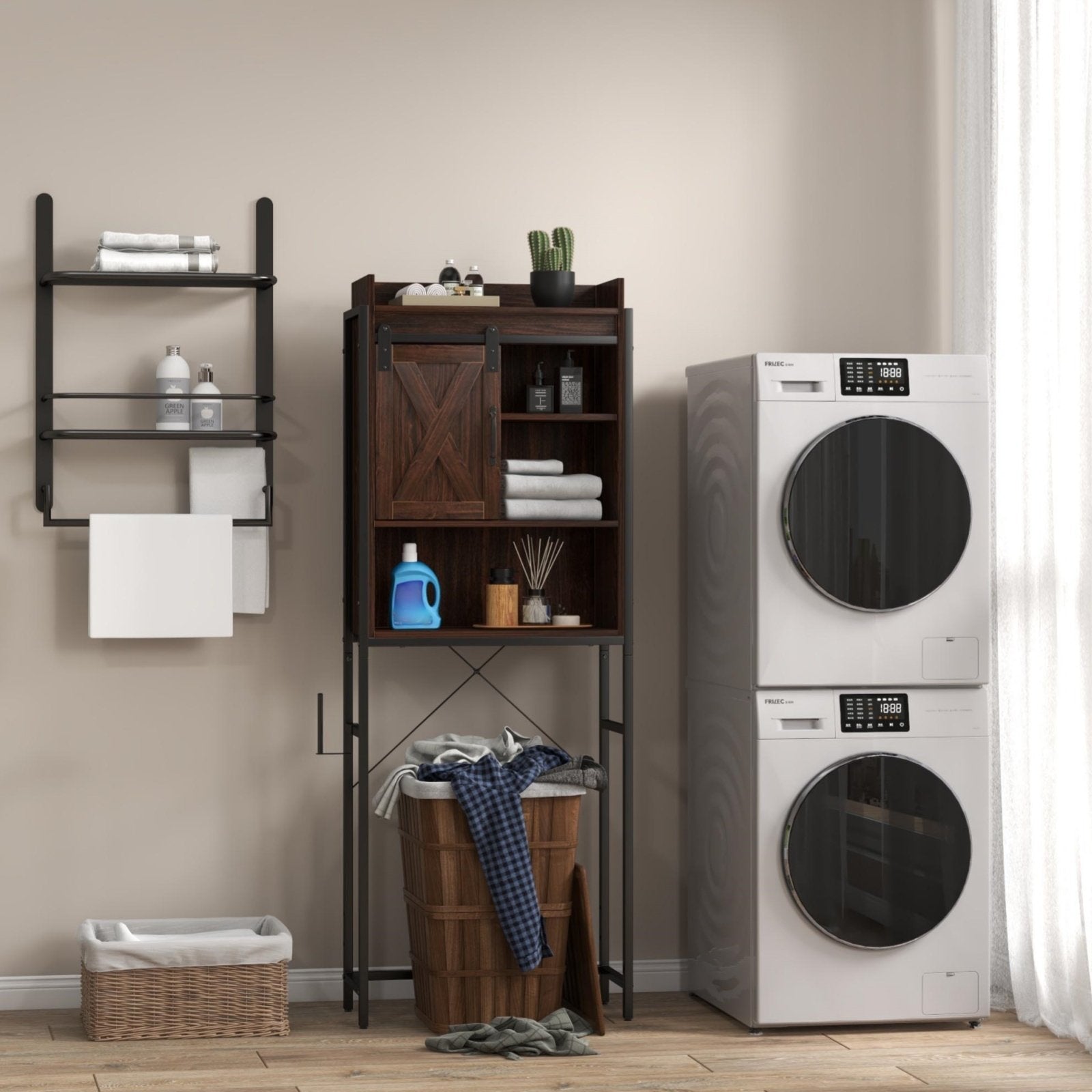 Laundry Room Bundle: Wooden Cabinet Wall-Mounted Bathroom Storage  Clothe Dryer  Laundry Basket