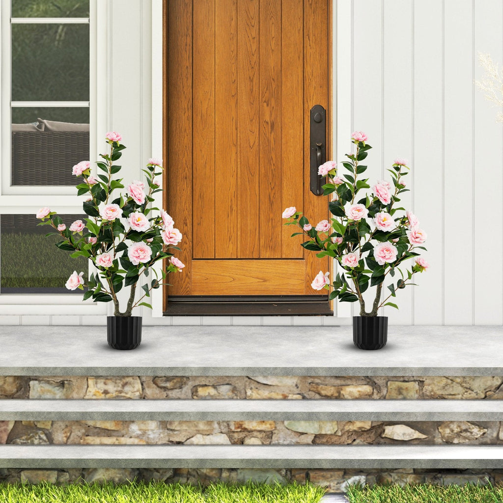 38 Inch Artificial Camellia Tree Faux Flower Plant in Cement Pot 2 Pack-Pink