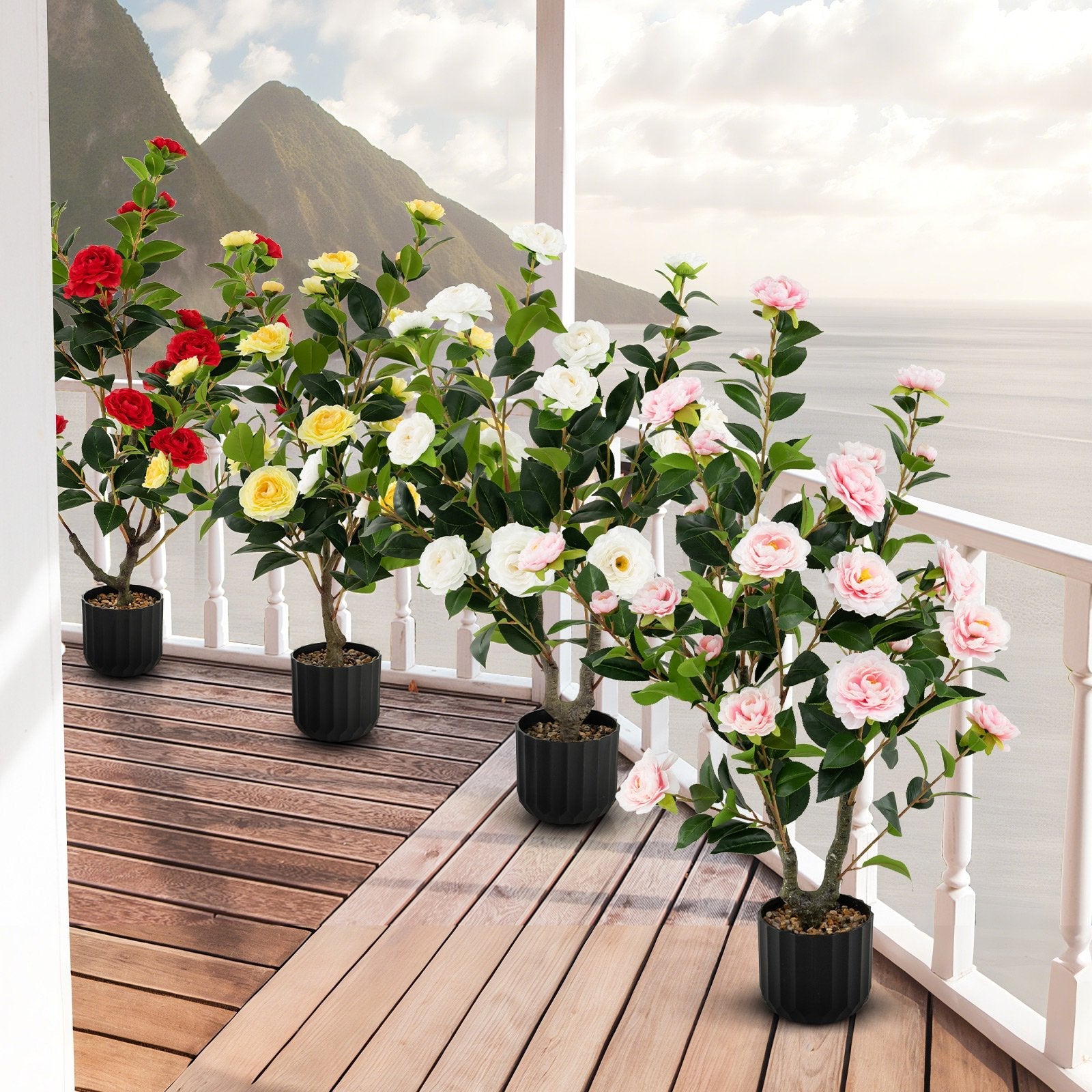 38 Inch Artificial Camellia Tree Faux Flower Plant in Cement Pot 2 Pack-Pink