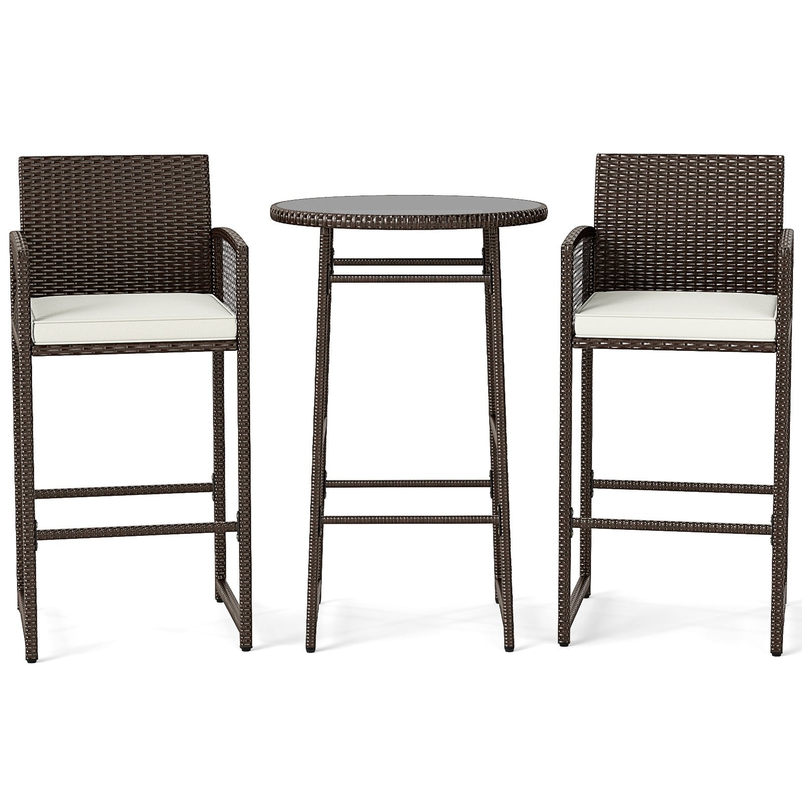 3 Piece Patio Bar Set Outdoor Wicker Bar Height Table and Armchairs-White