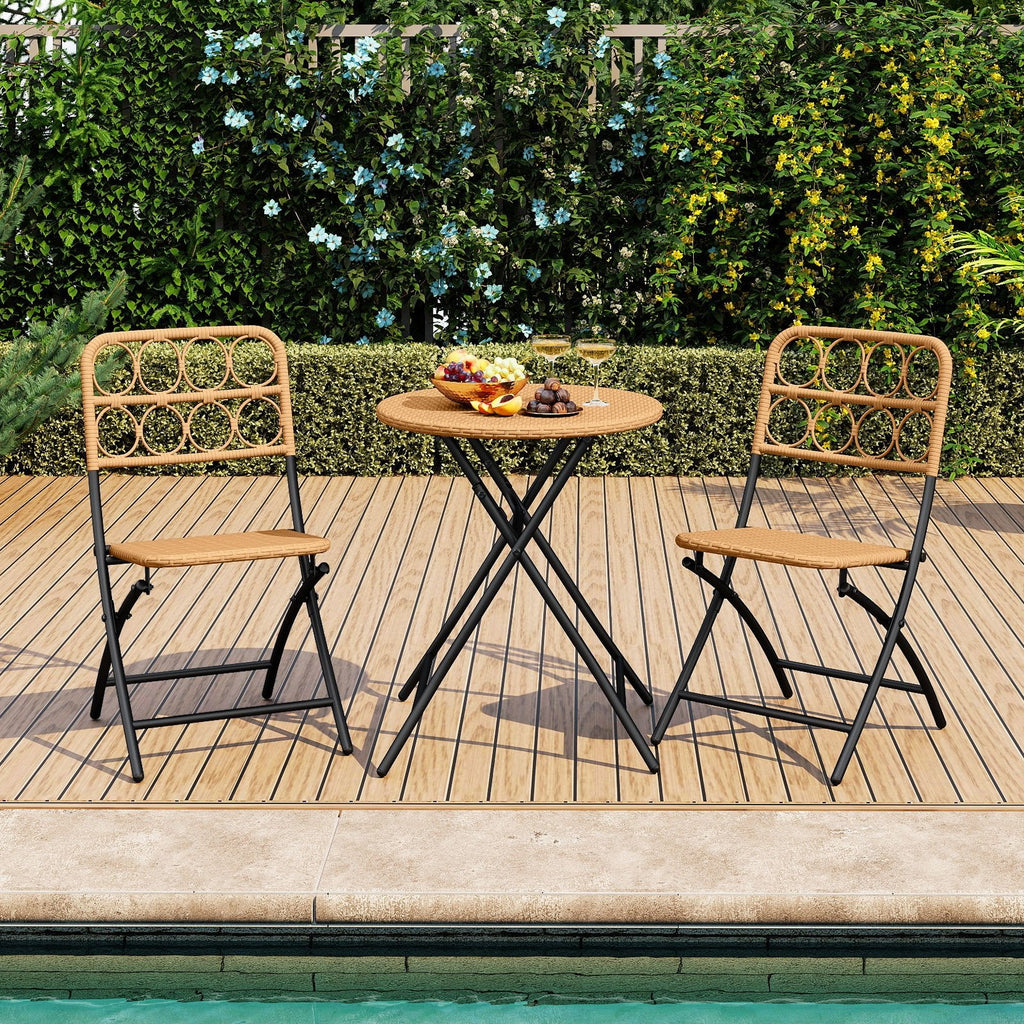 3 Piece Patio Bistro Set Folding Round Table and Chairs with Wicker Seat
