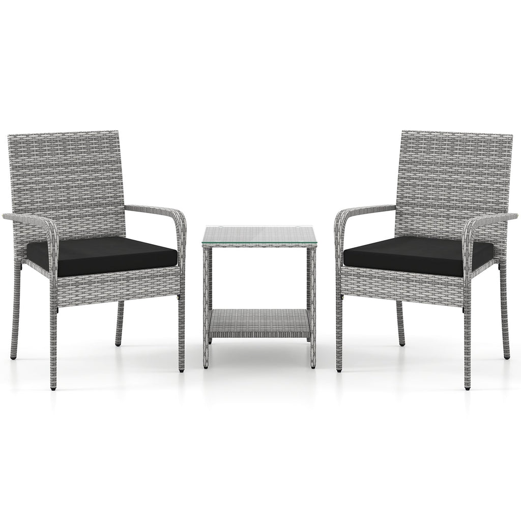 3 Piece Patio Furniture Set with Seat Cushions and Tempered Glass Tabletop for Balcony-Black