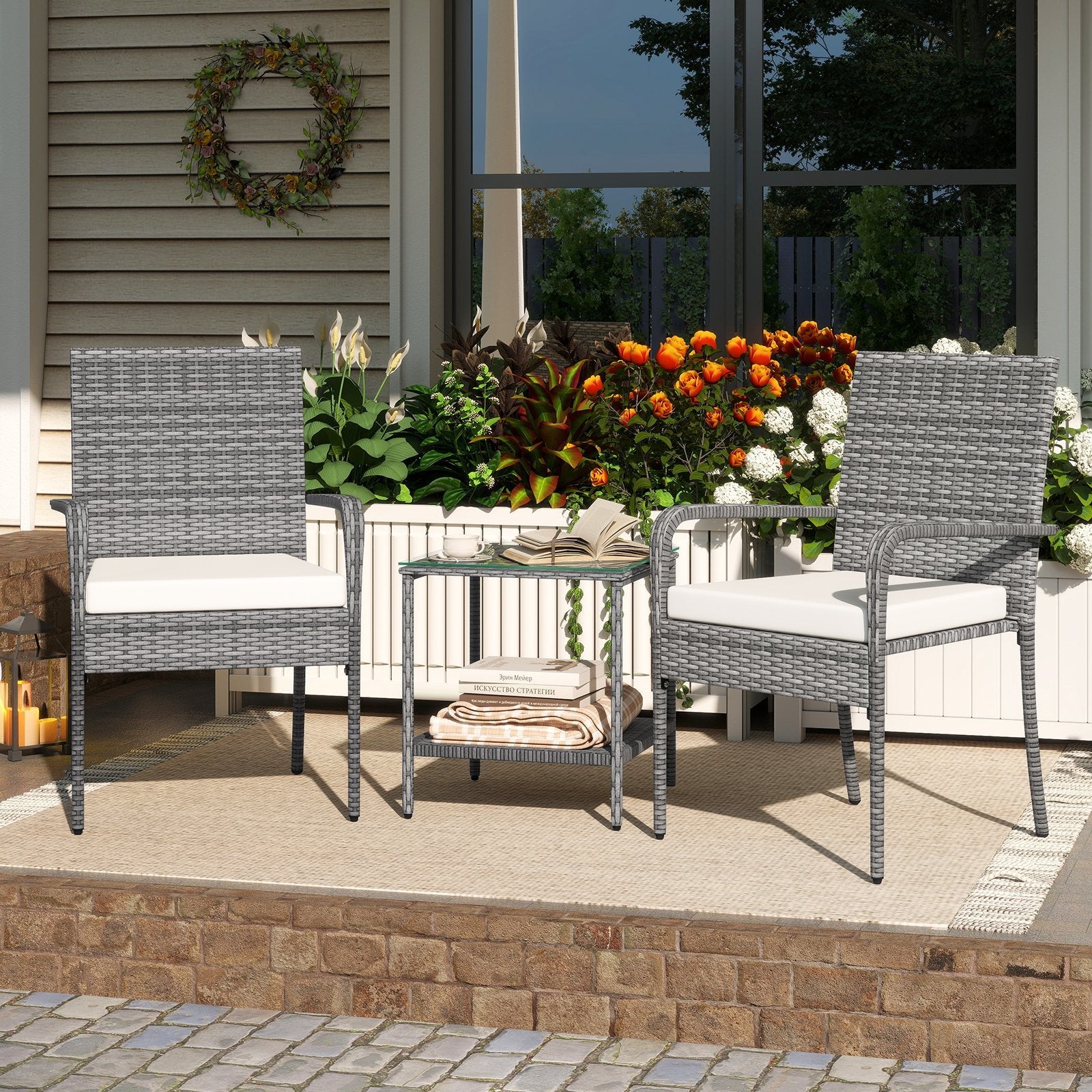 3 Piece Patio Furniture Set with Seat Cushions and Tempered Glass Tabletop for Balcony-Black