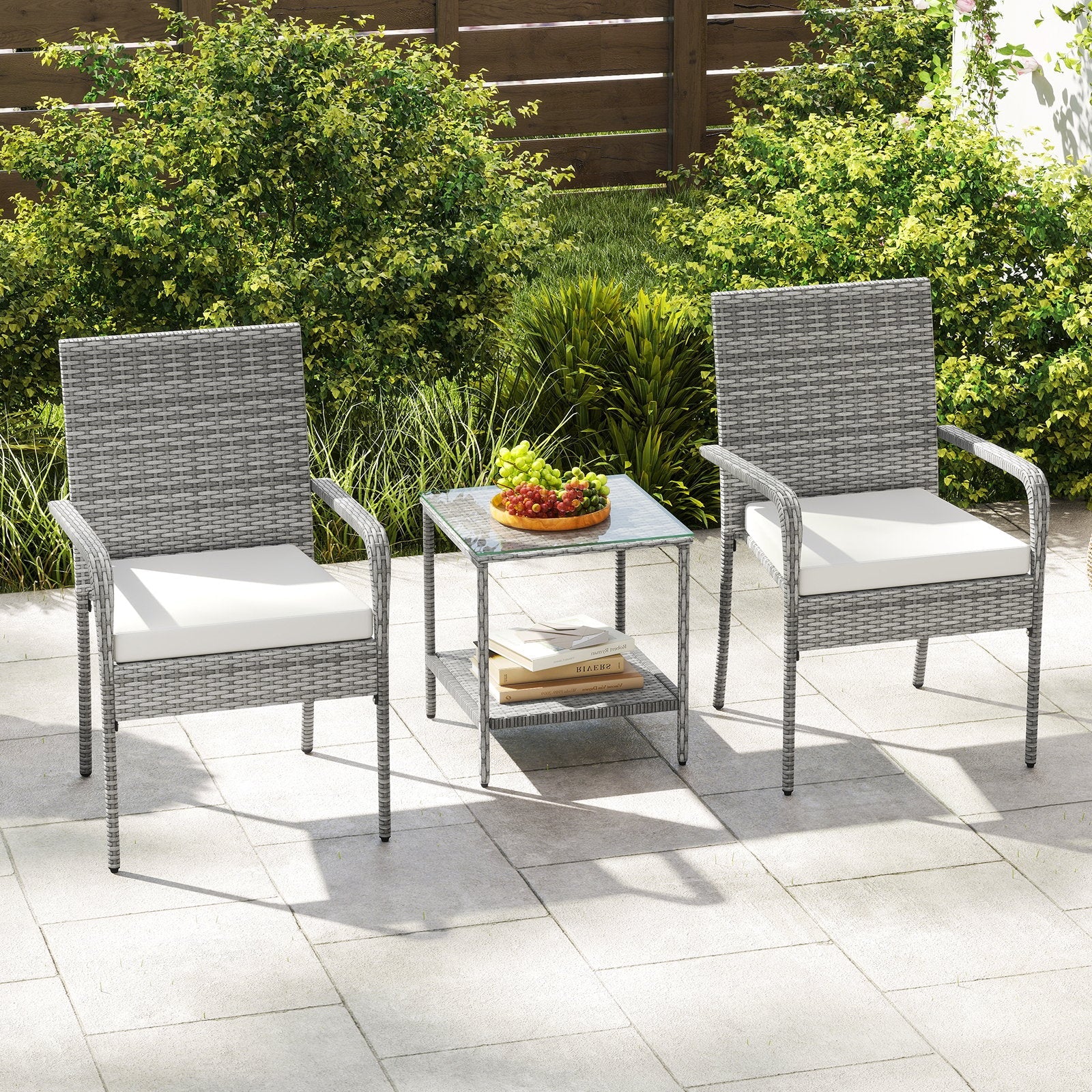 3 Piece Patio Furniture Set with Seat Cushions and Tempered Glass Tabletop for Balcony-Black