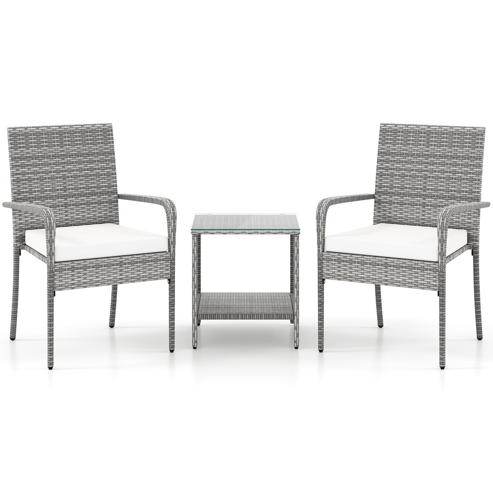 3 Piece Patio Furniture Set with Seat Cushions and Tempered Glass Tabletop for Balcony-Black