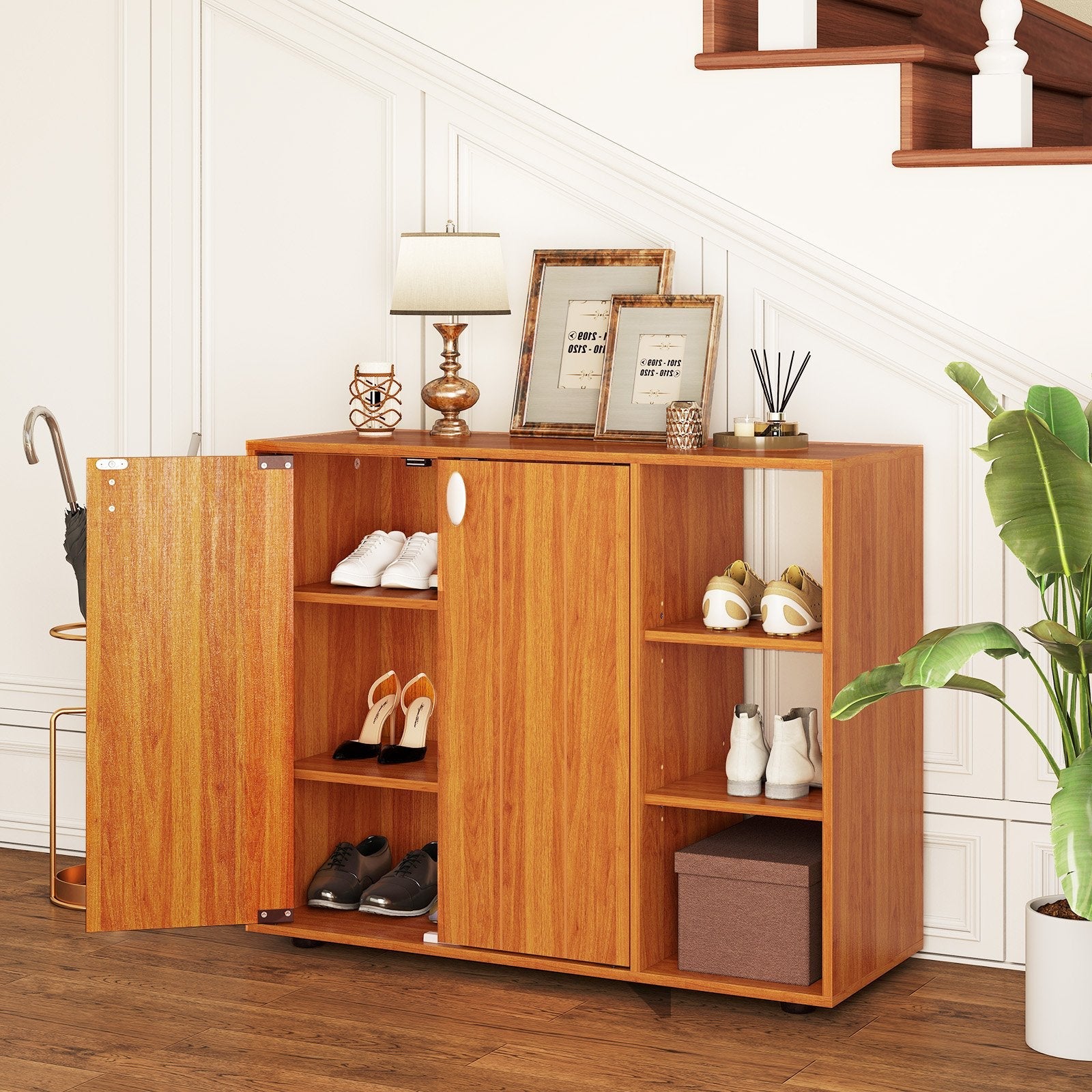 3-Tier Shoe Cabinet with Doors with Adjustable Open Shelves for Entryway-Natural