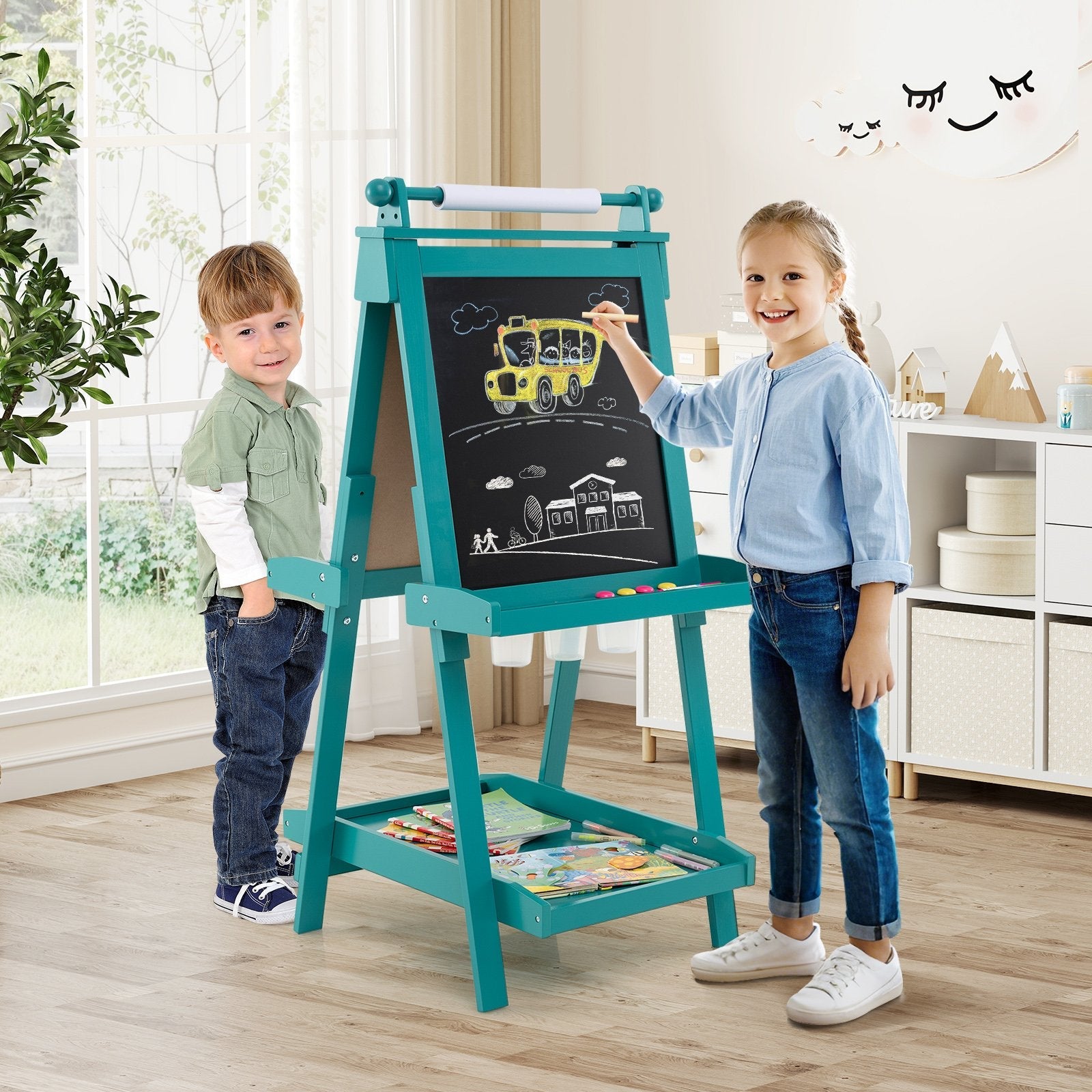 3-in-1 Double-sided Art Easel with Chalkboard and Magnetic Whiteboard-Gray