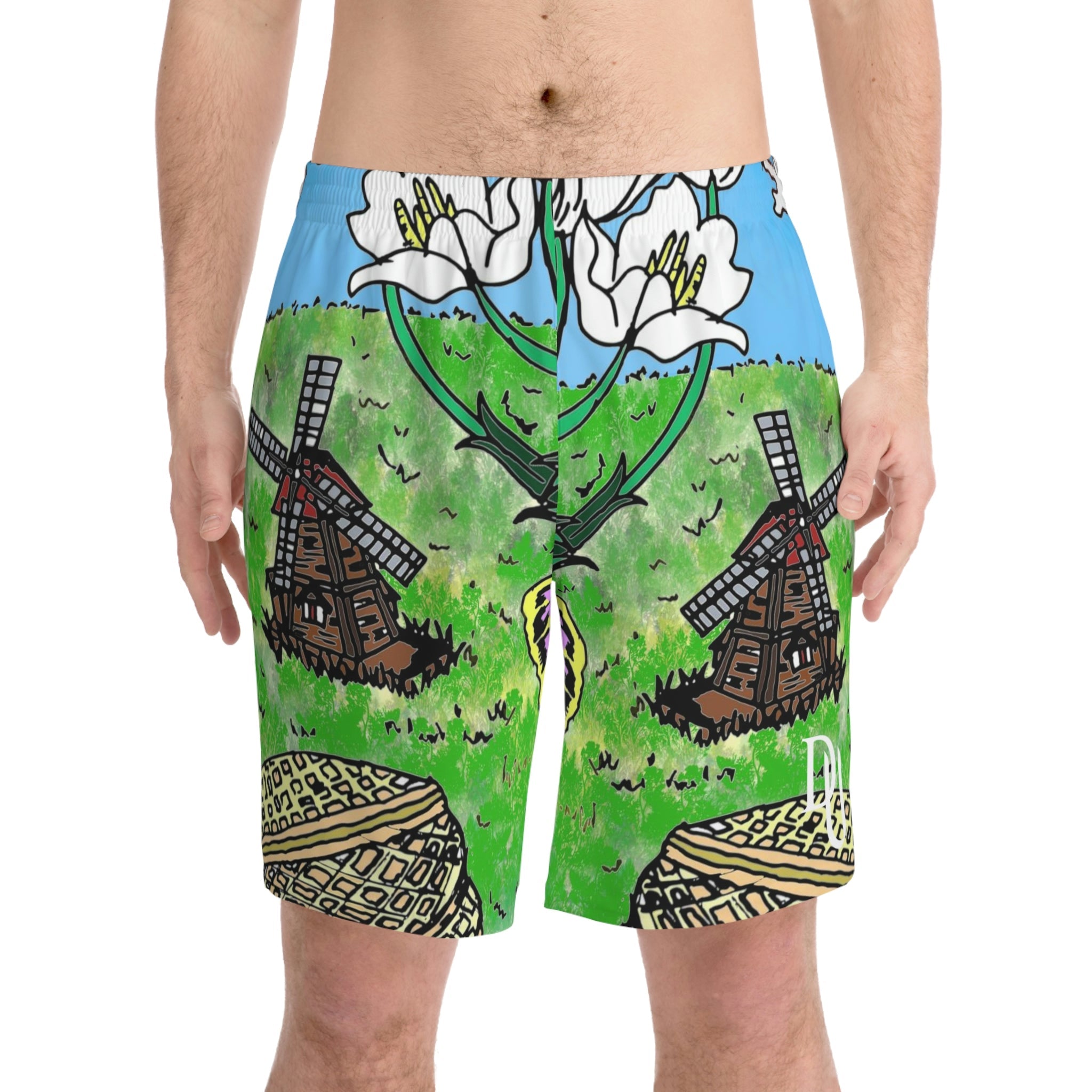 Relaxed fit polyester Beach Shorts-windmill allover print
