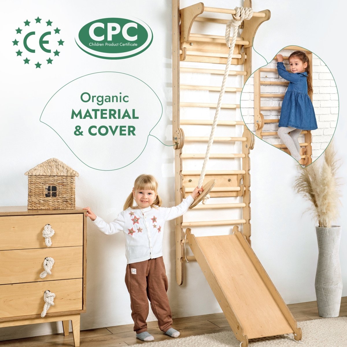 6in1: Wooden Swedish Wall / Climbing ladder for Children + Swing Set + Slide Board