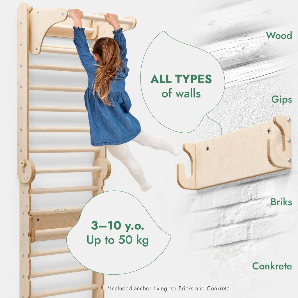 6in1: Wooden Swedish Wall / Climbing ladder for Children + Swing Set + Slide Board